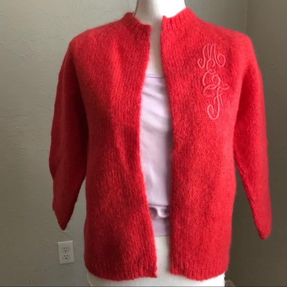 Vintage Sweaters - Monogrammed Open Wool and Mohair Vintage Cardigan M Coral